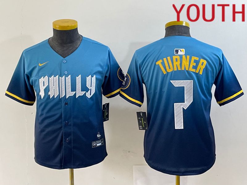 Youth Philadelphia Phillies #7 Turner Blue City Edition Nike 2024 MLB Jersey style 1